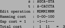 \begin{table}\begin{verbatim}s : AGCA-GTA
t : A-CACCTA
Edit operation : MDM...
...00-100
Gap cost = 1 : -1--1---
Total cost : 1 11 = 3\end{verbatim}\end{table}
