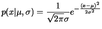 $\displaystyle p(x\vert\mu, \sigma)=\frac{1}{\sqrt{2\pi}\sigma} e^{-\frac{(x-\mu)^2}{2\sigma^2}}$