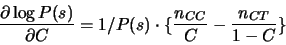 \begin{eqnarray*}
\frac{\partial \log{P(s)}}{\partial C} = 1/P(s)\cdot\{\frac{n_{CC}}{C}-\frac{n_{CT}}{1-C} \}
\end{eqnarray*}