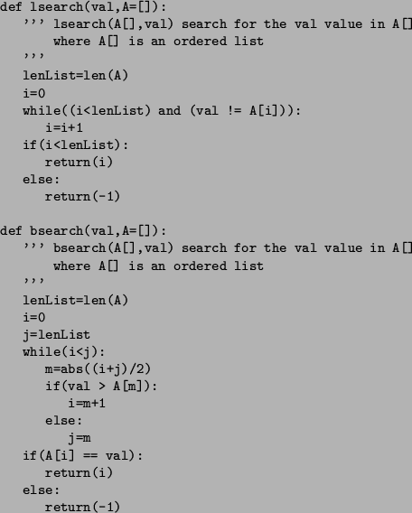\begin{figure}\small\begin{verbatim}def lsearch(val,A=[]):
''' lsearch(A[],va...
...A[i] == val):
return(i)
else:
return(-1)\end{verbatim}\normalsize\end{figure}