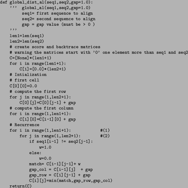 \begin{figure}\small\begin{verbatim}def global_dist_al(seq1,seq2,gap=1.0):
''...
...i][j]=min(match,gap_row,gap_col)
return(C)\end{verbatim}\normalsize\end{figure}