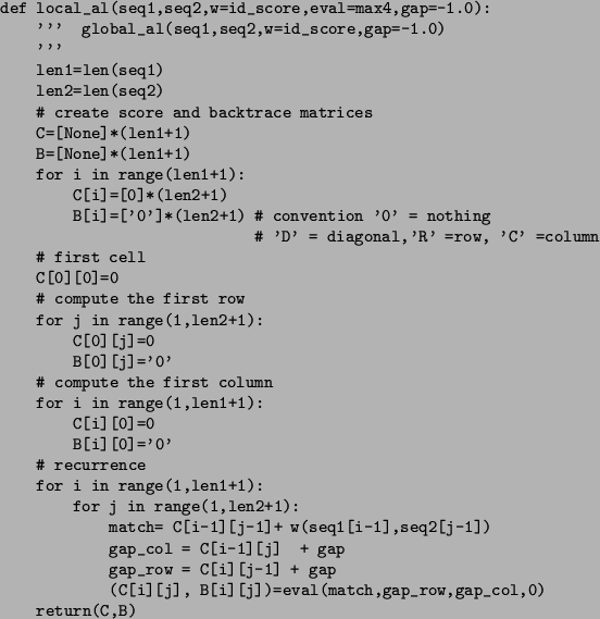 \begin{figure}\small\begin{verbatim}def local_al(seq1,seq2,w=id_score,eval=max...
...=eval(match,gap_row,gap_col,0)
return(C,B)\end{verbatim}\normalsize\end{figure}